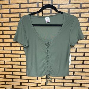 No Boundaries Olive Green Lace Up‎ Crop Top Size Large